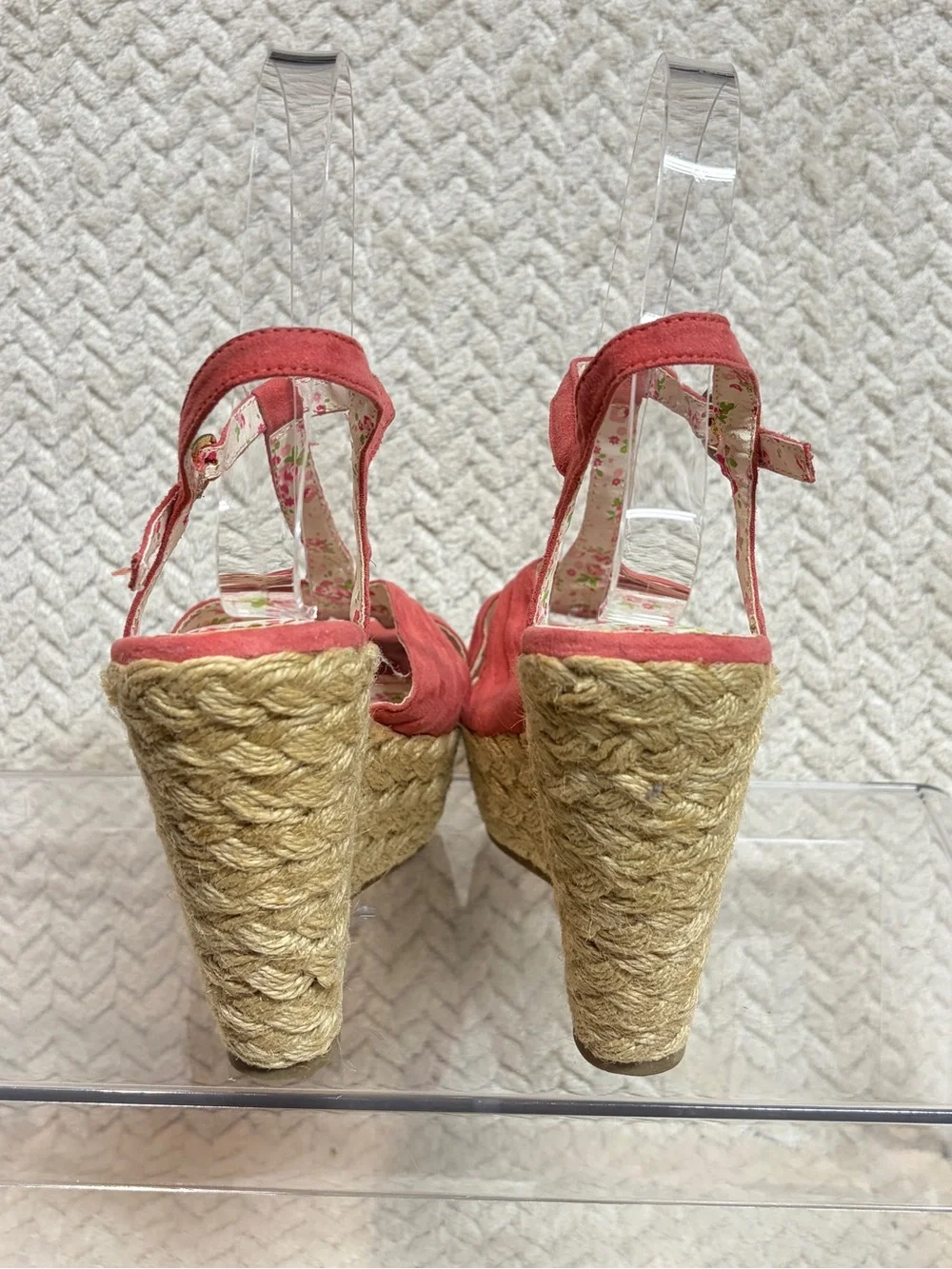 Bamboo Coral Red Espadrille Wedge Sandals 6 Floral T-Strap Cottagecore Y2K
